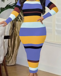 Sexy Round Neck Striped Patchwork Purple Polyester Ankle Length Dress Sexy Round Neck Striped Patchwork Purple Polyester Ankle Length Dress