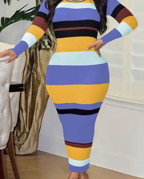  Sexy Round Neck Striped Patchwork Purple Polyester Ankle Length Dress