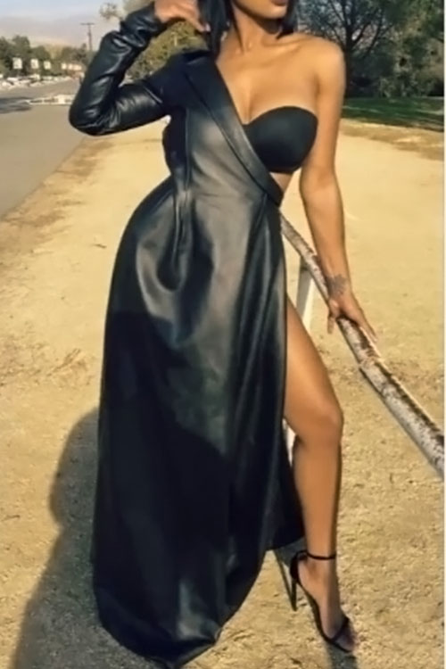  Sexy Show A Shoulder Asymmetrical Design Black PU Ankle Length Dress