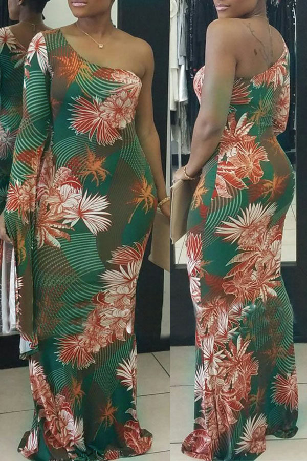  Sexy Show A Shoulder Floral Printed Healthy Fabric Ankle Length Dress(Non Positioning Printing)