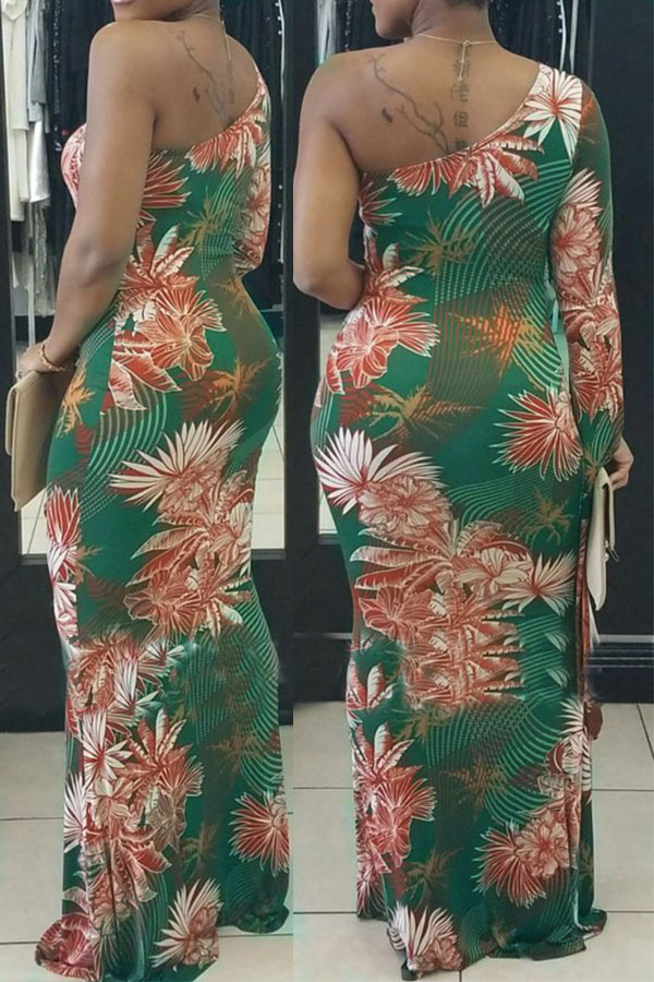  Sexy Show A Shoulder Floral Printed Healthy Fabric Ankle Length Dress(Non Positioning Printing)