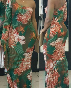  Sexy Show A Shoulder Floral Printed Healthy Fabric Ankle Length Dress(Non Positioning Printing)