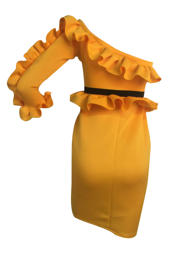  Sexy Skew Collar Stereo Lace Yellow Cotton Blend Knee Length Dress