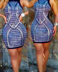 Sexy Sleeveless Printed Polyester  Sheath Mini Dress