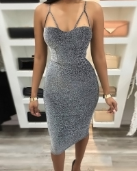  Sexy Spaghetti Strap Sleeveless Silver Blending Knee Length Dress