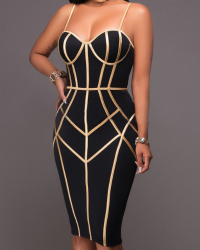  Sexy Spaghetti Strap Sleeveless Striped Printed Black Polyester Sheath Knee Length Dress