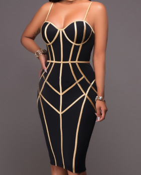  Sexy Spaghetti Strap Sleeveless Striped Printed Black Polyester Sheath Knee Length Dress