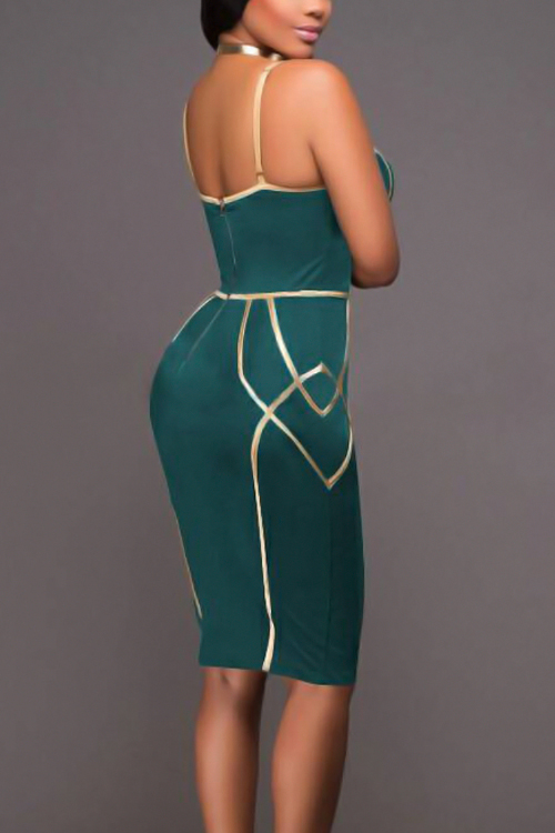  Sexy Spaghetti Strap Sleeveless Striped Printed Green Polyester Sheath Knee Length Dress
