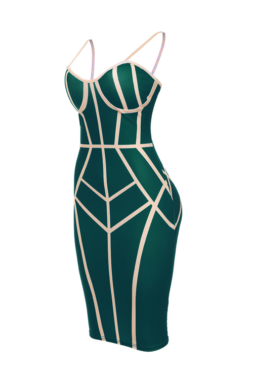  Sexy Spaghetti Strap Sleeveless Striped Printed Green Polyester Sheath Knee Length Dress