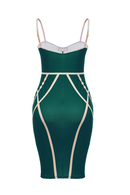  Sexy Spaghetti Strap Sleeveless Striped Printed Green Polyester Sheath Knee Length Dress