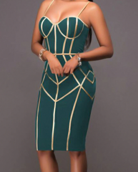  Sexy Spaghetti Strap Sleeveless Striped Printed Green Polyester Sheath Knee Length Dress