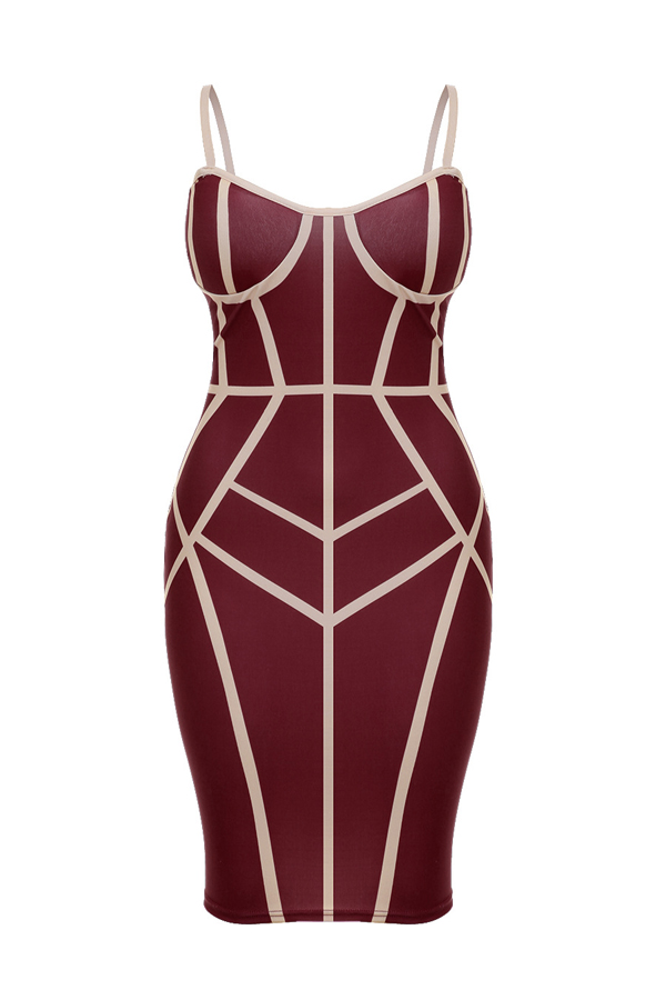  Sexy Spaghetti Strap Sleeveless Striped Printed Wine Red Polyester Sheath Knee Length Dress
