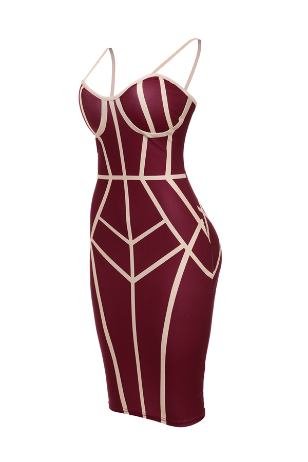 Sexy Spaghetti Strap Sleeveless Striped Printed Wine Red Polyester Sheath Knee Length Dress