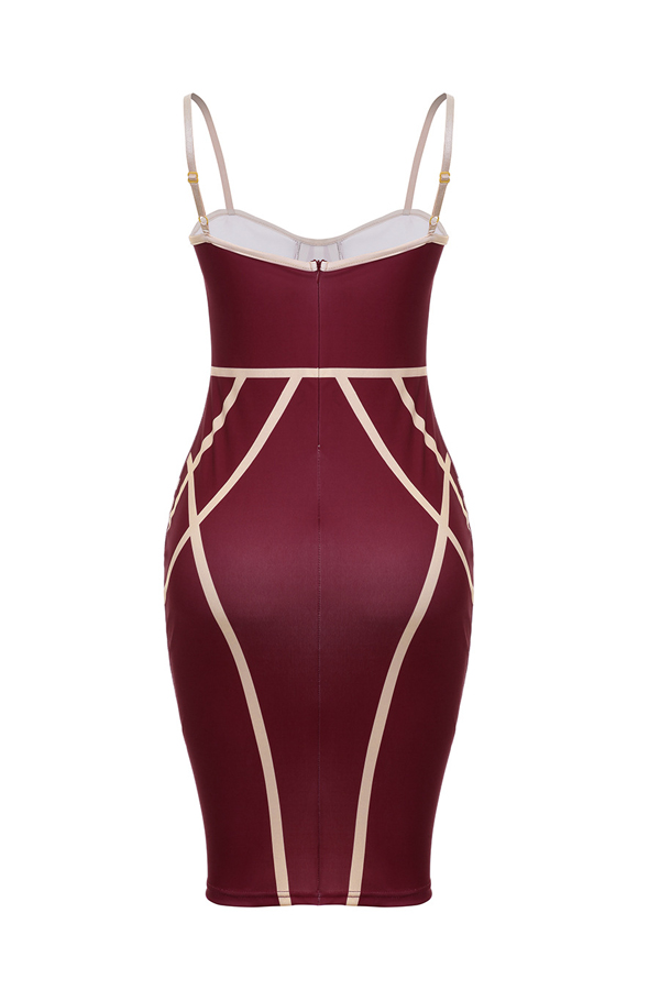  Sexy Spaghetti Strap Sleeveless Striped Printed Wine Red Polyester Sheath Knee Length Dress