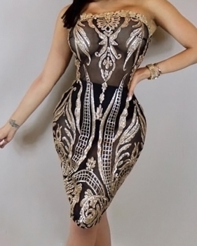  Sexy Strapless See-Through Sequins Decoration Black Polyester Knee Length Dress(Without Subcoating)