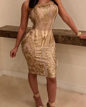  Sexy Strapless See-Through Sequins Decoration Gold Polyester Knee Length Dress(Without Subcoating)