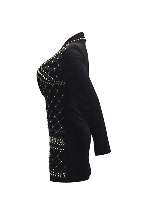  Sexy Turndown Collar Hot Silver Design Pearl Trim Black Polyester Mini Dress