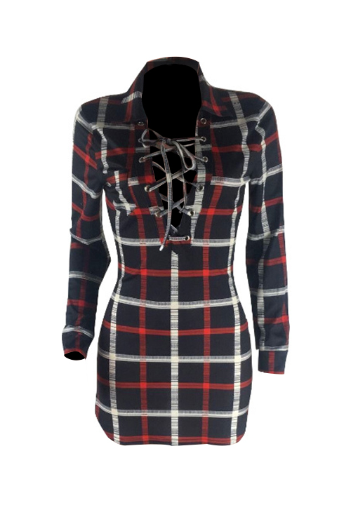  Sexy Turndown Collar Lace-up Grid Printed Black Polyester Mini Dress