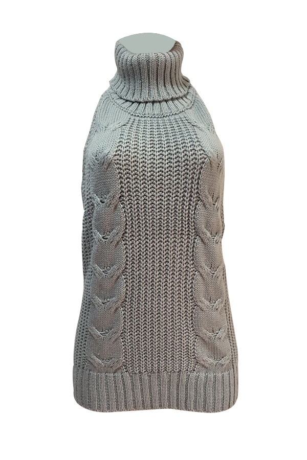  Sexy Turtleneck Backless Grey Knitting Mini Dress