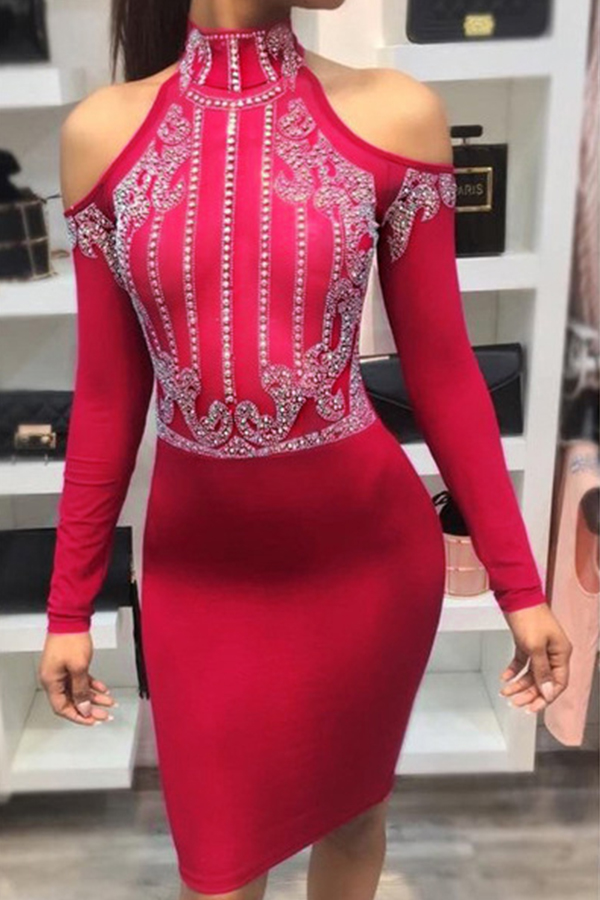  Sexy Turtleneck Hot Drilling Decorative Red Polyester Knee Length Dress