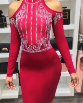  Sexy Turtleneck Hot Drilling Decorative Red Polyester Knee Length Dress