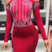 Sexy Turtleneck Hot Drilling Decorative Red Polyester Knee Length Dress