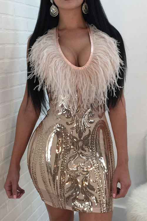  Sexy U Neck Feather And Sequins Decoration Gold Polyester Sheath Mini Dress