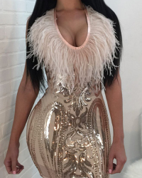  Sexy U Neck Feather And Sequins Decoration Gold Polyester Sheath Mini Dress