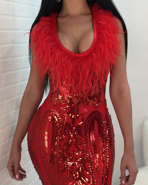 Sexy U Neck Feather And Sequins Decoration Red Polyester Sheath Mini Dress Sexy U Neck Feather And Sequins Decoration Red Polyester Sheath Mini Dress