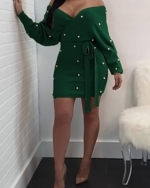 Sexy V Neck Backless Pearl Decoration Green Polyester Mini Bodycon Dress(With Belt) Sexy V Neck Backless Pearl Decoration Green Polyester Mini Bodycon Dress(With Belt)