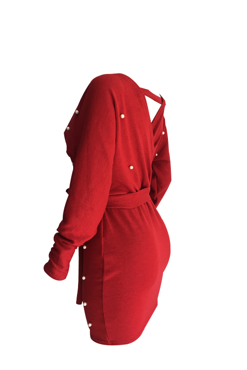  Sexy V Neck Backless Pearl Decoration Red Polyester Mini Bodycon Dress(With Belt)
