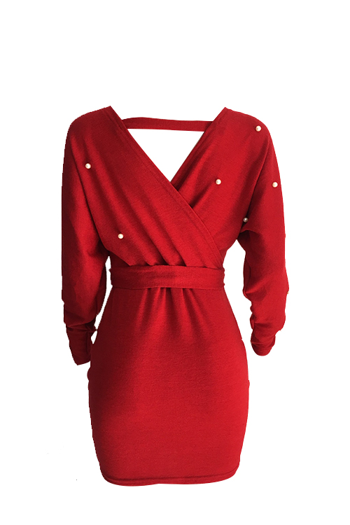  Sexy V Neck Backless Pearl Decoration Red Polyester Mini Bodycon Dress(With Belt)