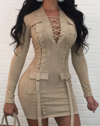  Sexy V Neck Bandage Design Apricot Polyester Mini Dress