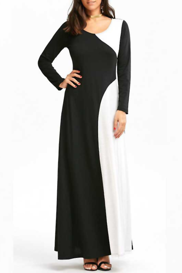  Sexy V Neck Black-white Patchwork Polyester Ankle Length Dress