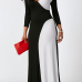  Sexy V Neck Black-white Patchwork Polyester Ankle Length Dress