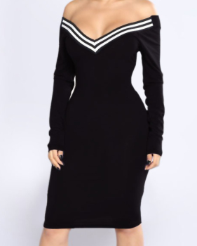  Sexy V Neck Cap Sleeves Striped Black Polyester  Knee Length Dress