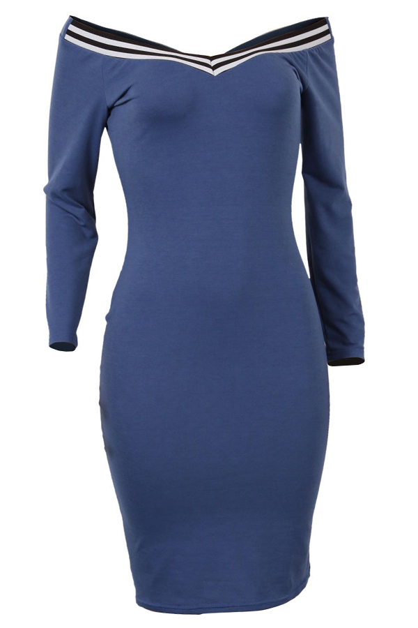  Sexy V Neck Cap Sleeves Striped Blue Polyester Knee Length Dress