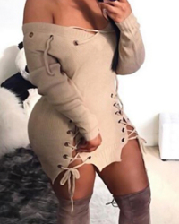  Sexy V Neck Eyelets Design Lace-up Khaki Polyester Mini Dress