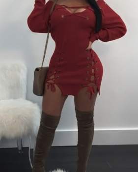  Sexy V Neck Eyelets Design Lace-up Wine Red Polyester Mini Dress