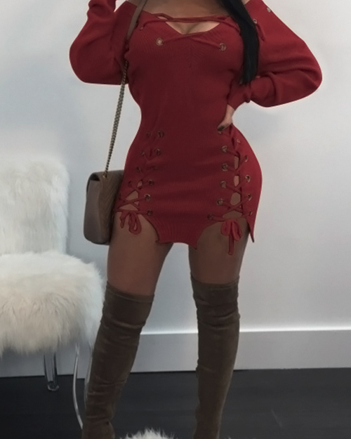 Sexy V Neck Eyelets Design Lace-up Wine Red Polyester Mini Dress Sexy V Neck Eyelets Design Lace-up Wine Red Polyester Mini Dress