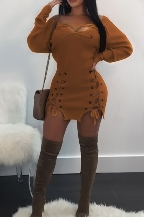  Sexy V Neck Eyelets Design Lace-up Yellow Polyester Mini Dress