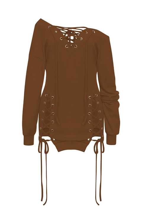  Sexy V Neck Eyelets Design Lace-up Yellow Polyester Mini Dress