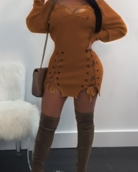  Sexy V Neck Eyelets Design Lace-up Yellow Polyester Mini Dress