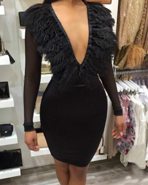 Sexy V Neck Feather Decoration Net Yarn Splicing Black Polyester Knee Length Dress Sexy V Neck Feather Decoration Net Yarn Splicing Black Polyester Knee Length Dress