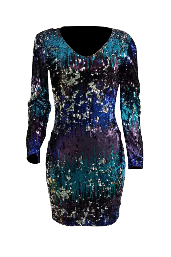  Sexy V Neck Gradient Sequined Decorative Polyester Sheath Mini Dress