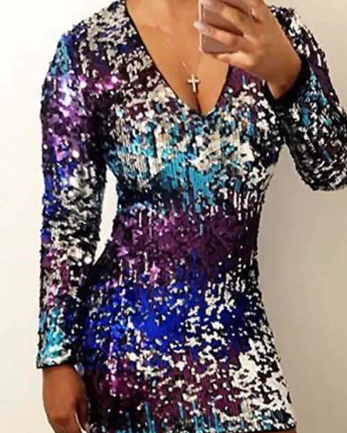 Sexy V Neck Gradient Sequined Decorative Polyester Sheath Mini Dress Sexy V Neck Gradient Sequined Decorative Polyester Sheath Mini Dress