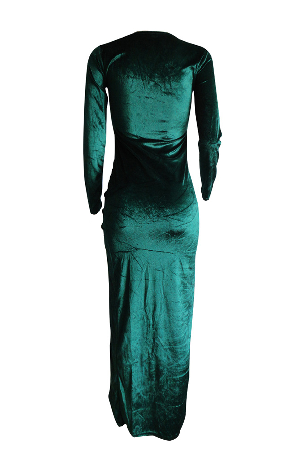  Sexy V Neck High Side Slit Green Velvet Sheath Ankle Length Dress