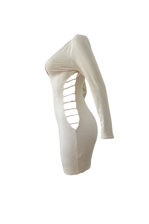  Sexy V Neck Hollow-out Beige Polyester Sheath Mini Dress