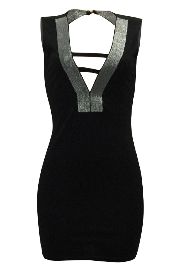  Sexy V Neck Hollow-out Black Polyester Sheath Mini Dress