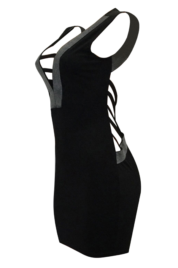  Sexy V Neck Hollow-out Black Polyester Sheath Mini Dress
